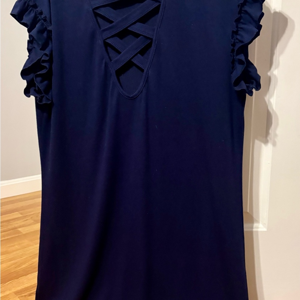 Navy Ruffle Sleeve Dress with Lattice Front